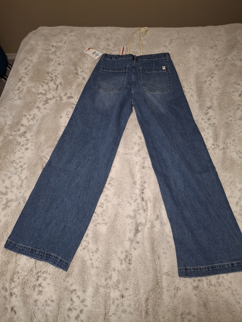 Junior's Wide Leg Blue Jeans with Drawstring Waist - Picture 2 of 3